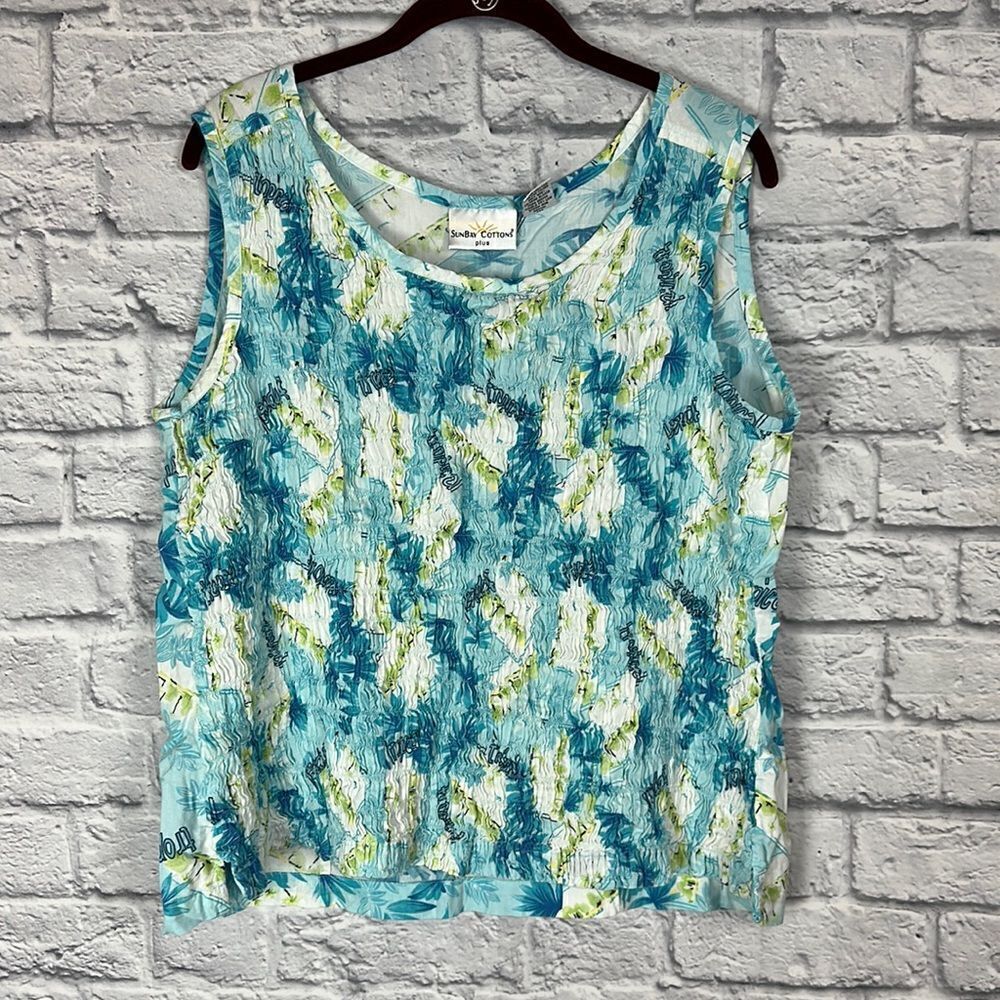 Sunbay Cottons Tropical Peasant Ruched Blue and Green Top 1X Sleeveless Tank